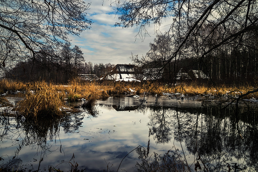 szuwary nad wodą w skansenie Kolbuszowa